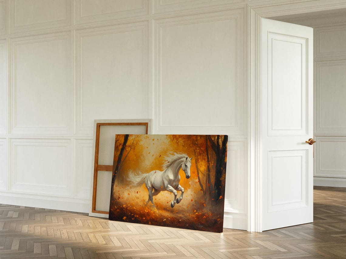 Majestic White Horse Galloping Golden Autumn Forest Equestrian Poster - Image 3