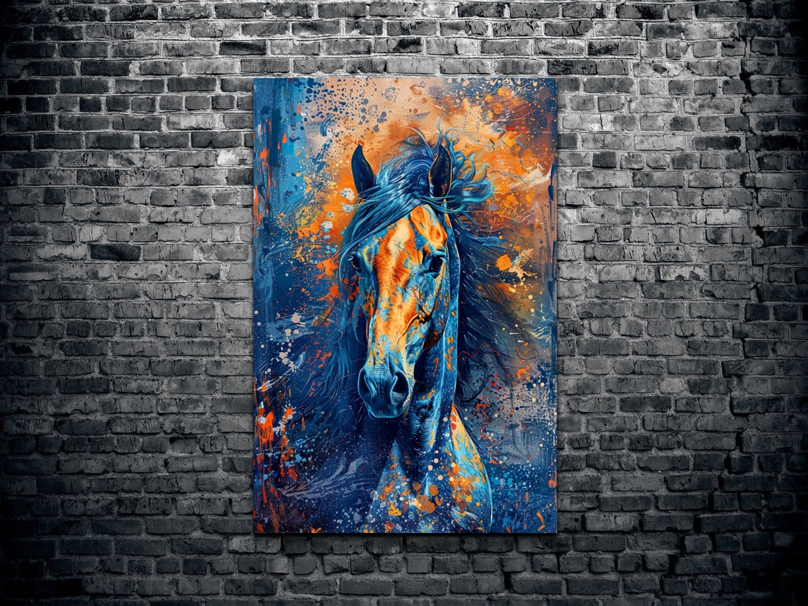 Wild Horse Portrait in Blue Orange Splatter Paint Abstract Poster - Image 2