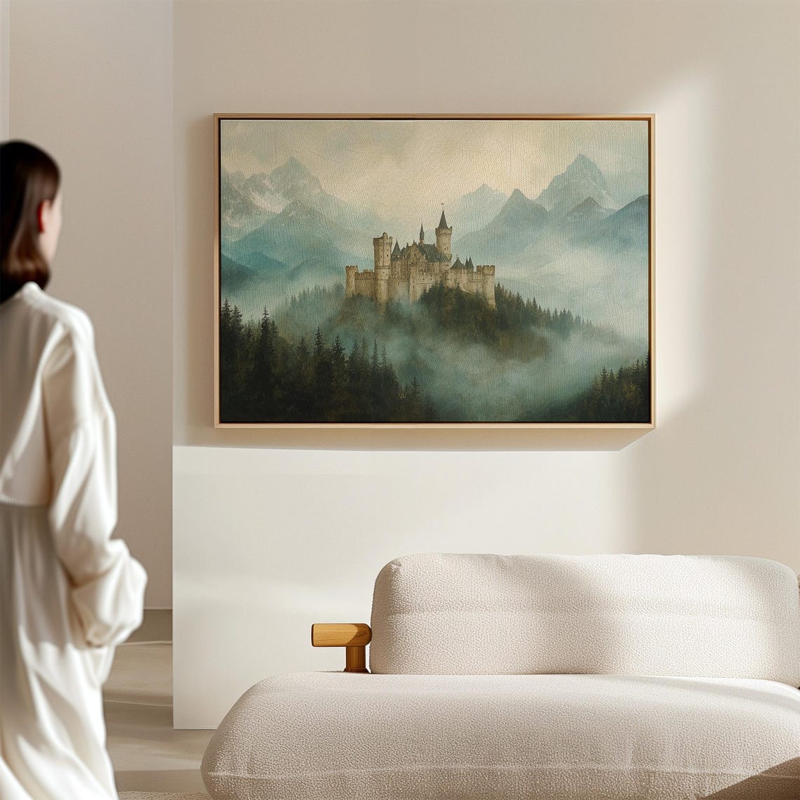 Medieval Castle on a Misty Hilltop with Alpine Peaks Fantasy Poster - Image 7