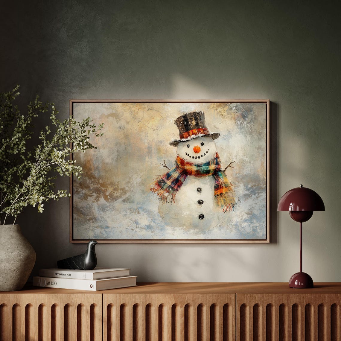 Cheerful Snowman in a Tall Top Hat and Colorful Plaid Scarf Art Poster - Image 5