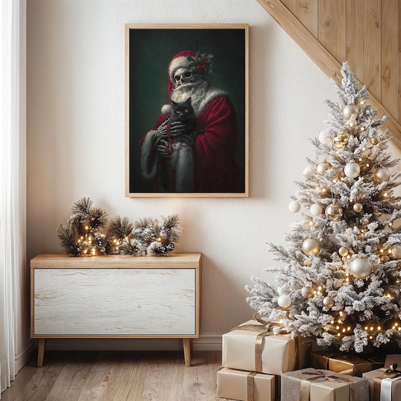 Gothic Skeleton Santa With Black Cat Art Print