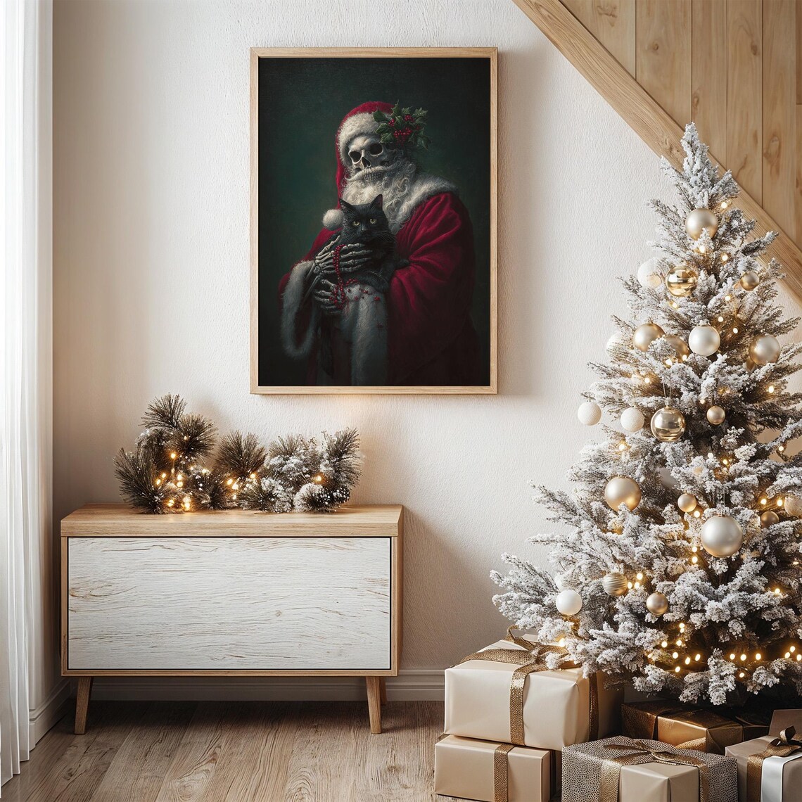 Gothic Skeleton Santa With Black Cat Art Print