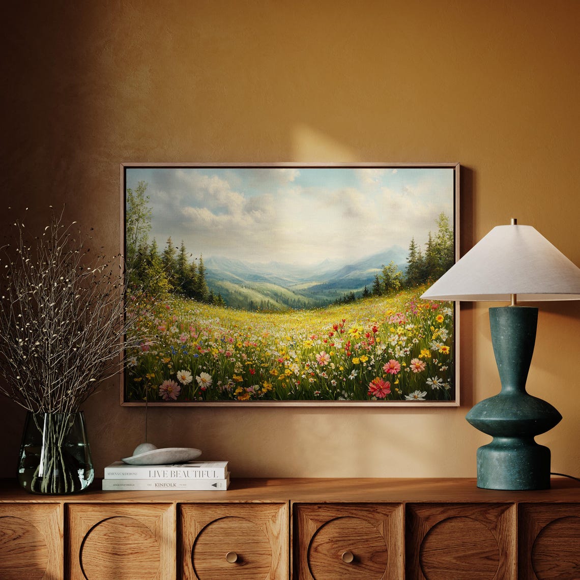 Vibrant Wildflower Meadow Alpine Valley Blue Mountains Poster - Image 6
