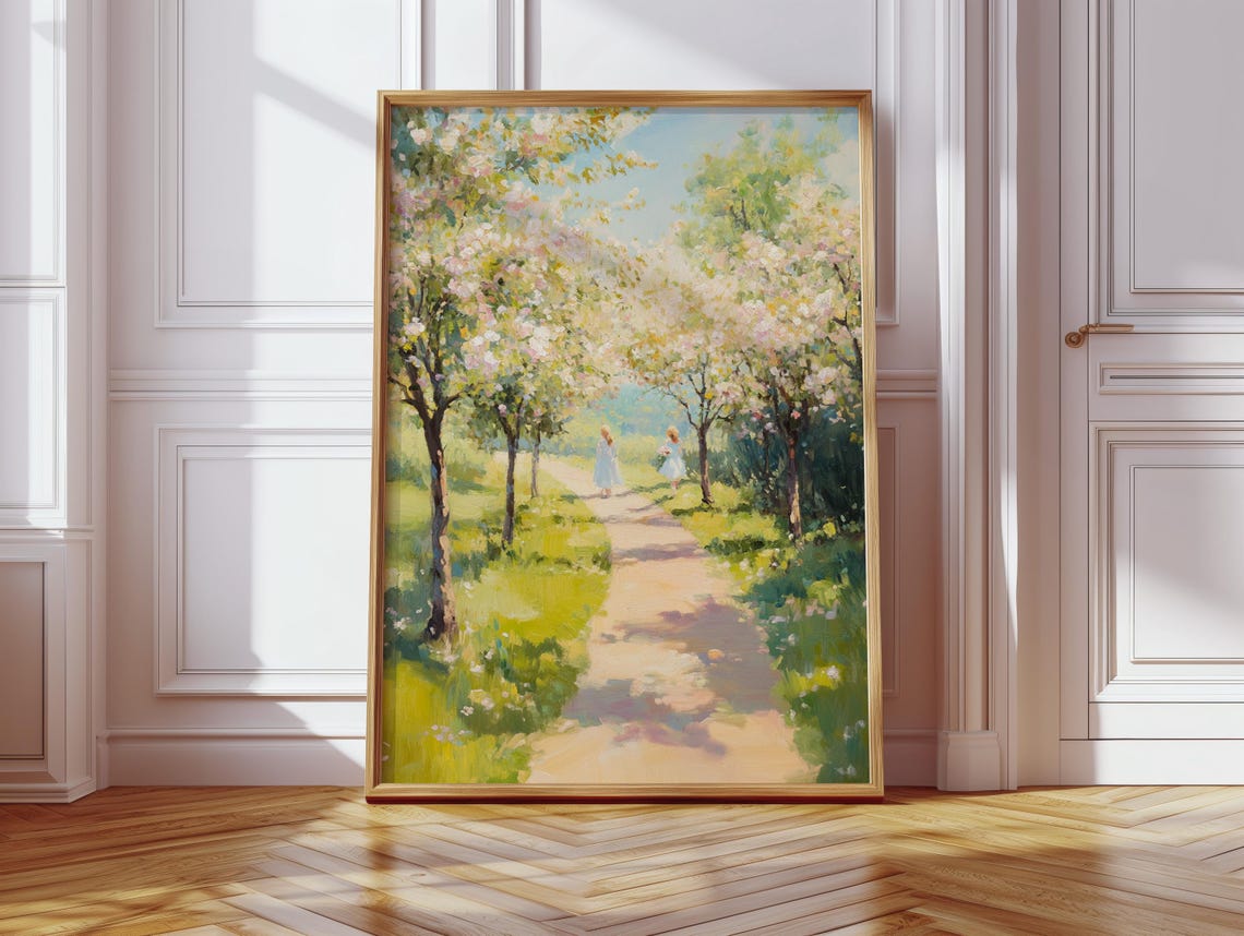 Spring Blossom Pathway With Two Figures Impressionist Walk Poster - Image 2