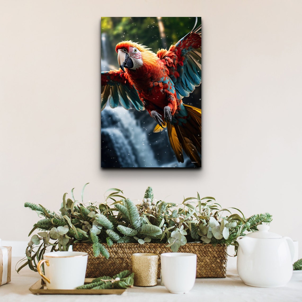 Scarlet Macaw Parrot Flying Past a Rainforest Waterfall Poster - Image 5