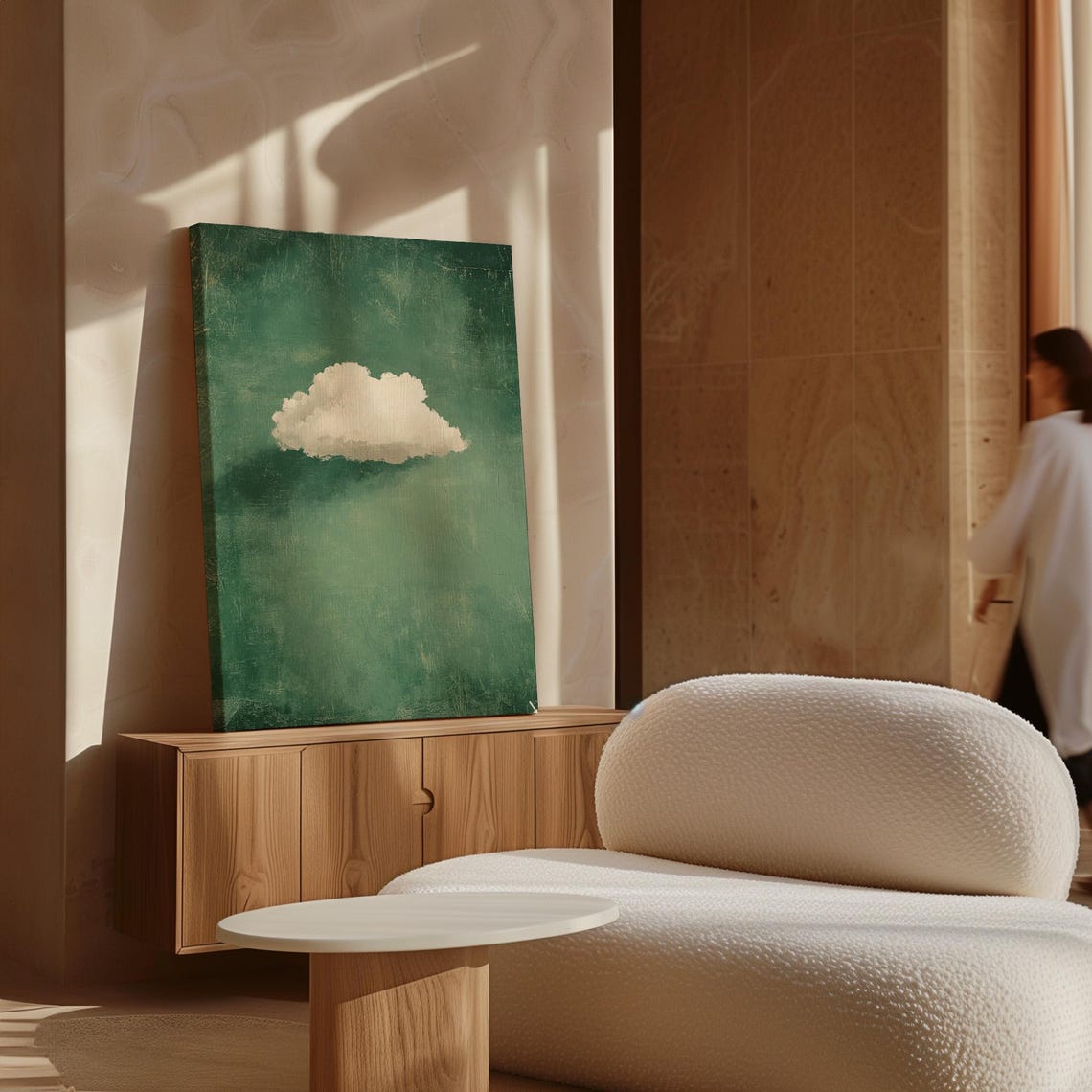 Minimalist White Cloud On Green Art Modern Abstract Nature Inspired Wall Decor For Calm And Contemporary Spaces - Image 7