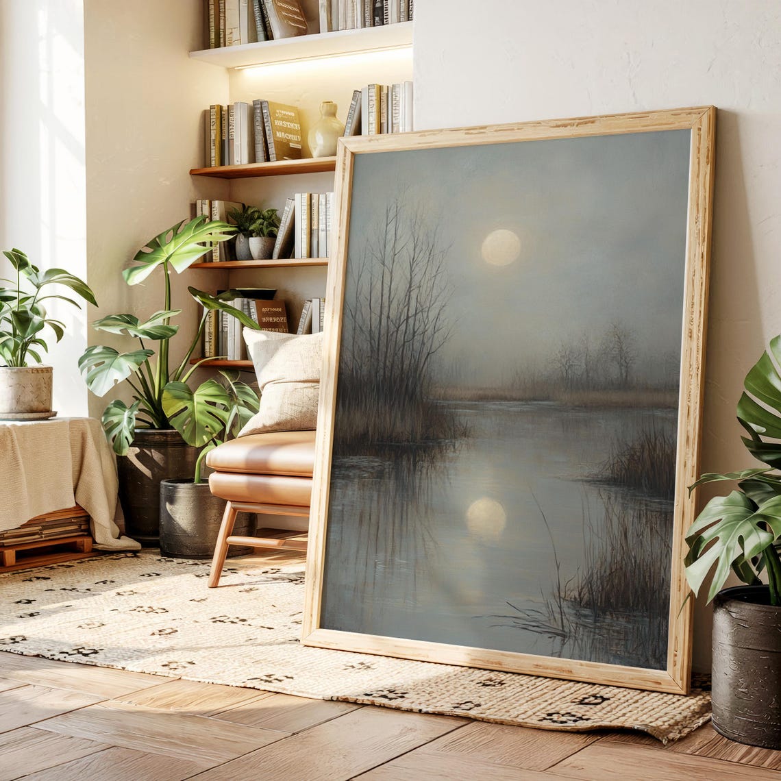 Foggy Marsh Moonlight Serene Nature Landscape Reflection Poster