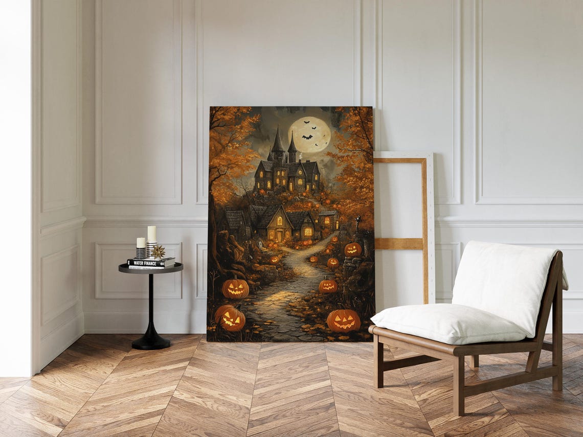Haunted Halloween Village Jack O Lantern Path Full Moon Night Wall Art - Image 4