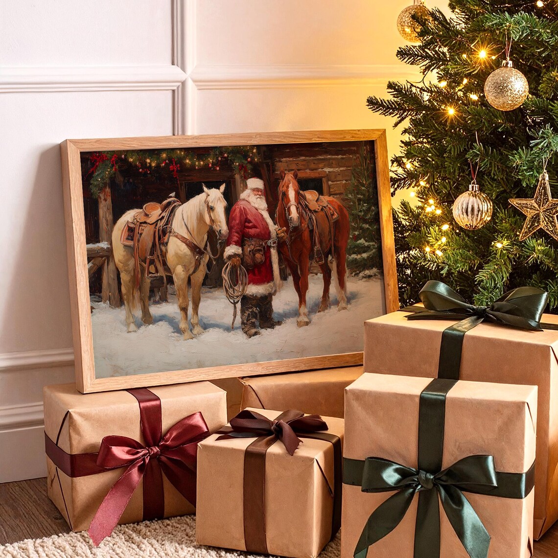 Cowboy Santa With Horses Christmas Western Art Print