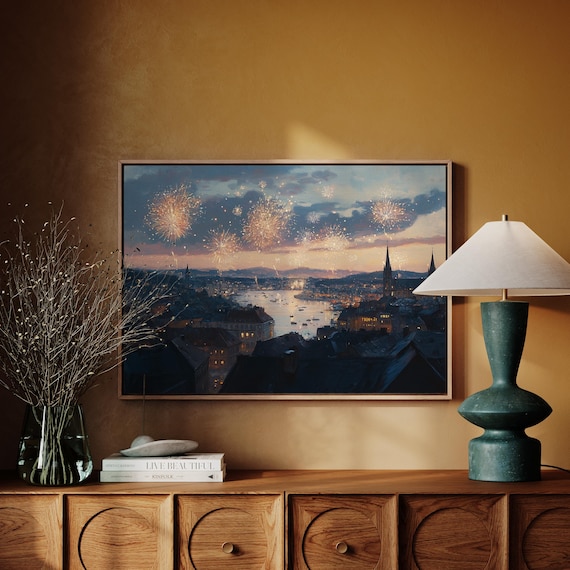 Fireworks Over Dusk City River Skyline Vintage Oil Painting Poster