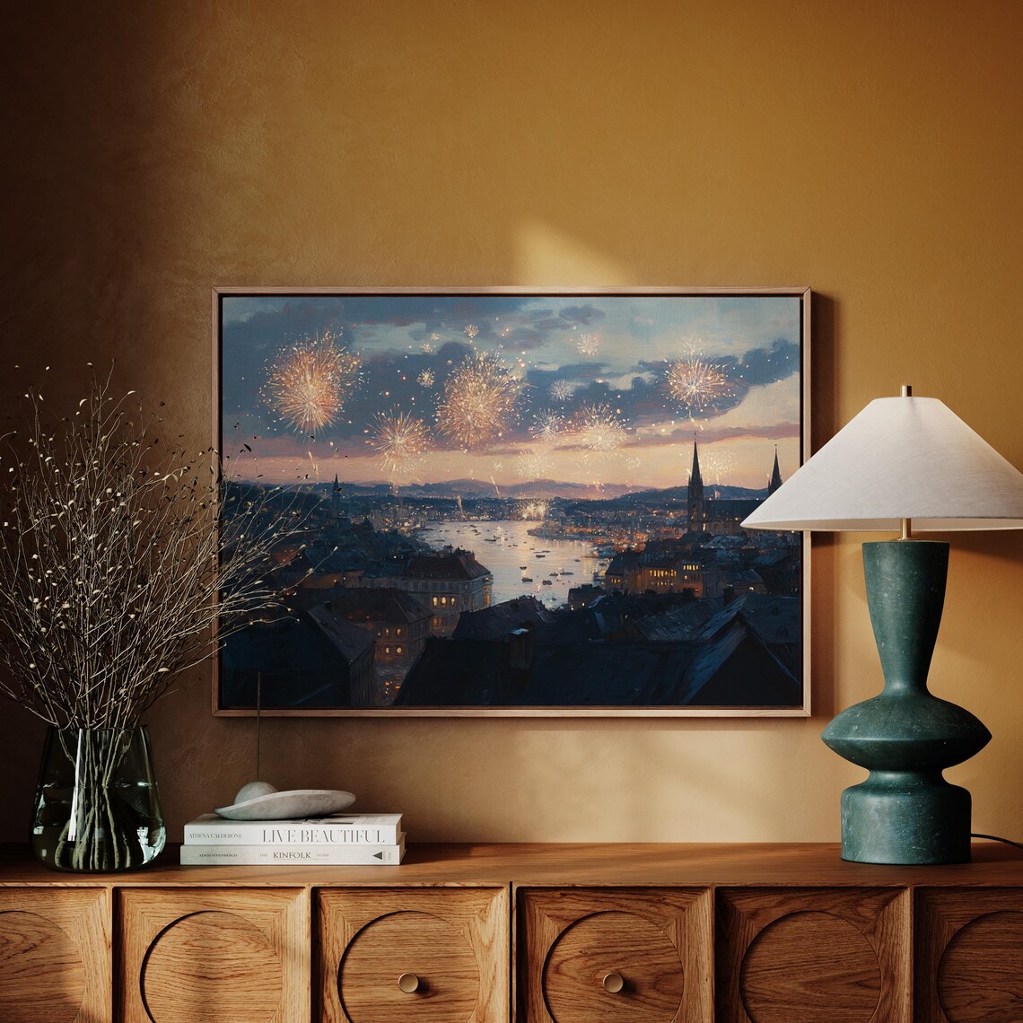 Fireworks Over Dusk City River Skyline Vintage Oil Painting Poster