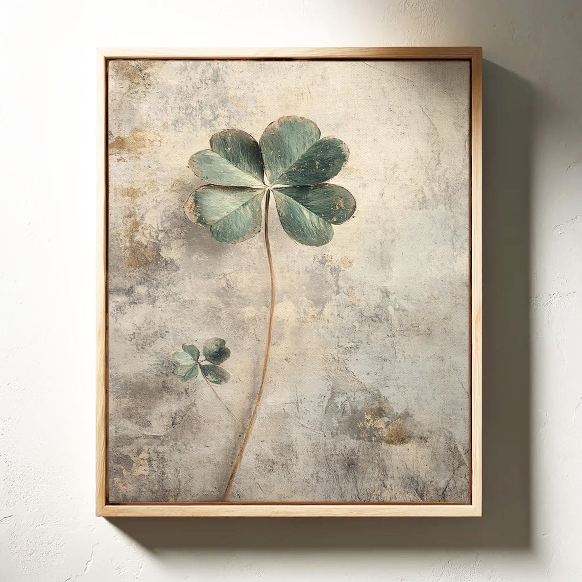 Sage Green Four Leaf Clover Vintage Distressed Beige Wall Art