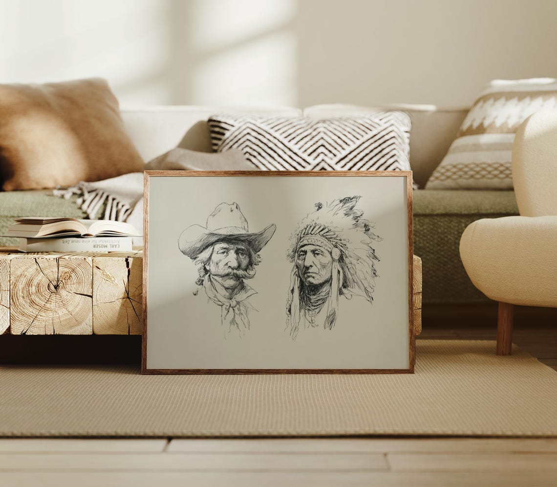 Cowboy and Chief Ink Sketch Portrait Vintage Western Art Poster