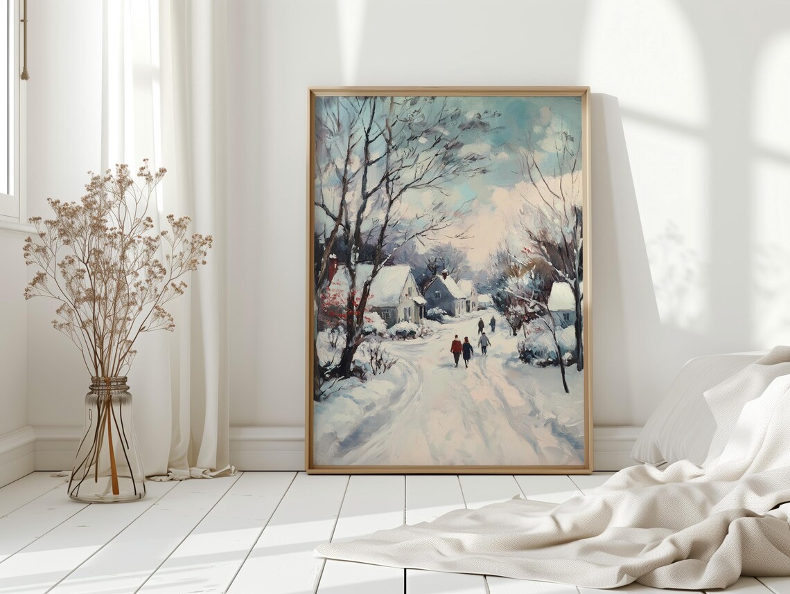 Winter Village Street In Snow Vintage Oil Painting Cozy Scene Poster
