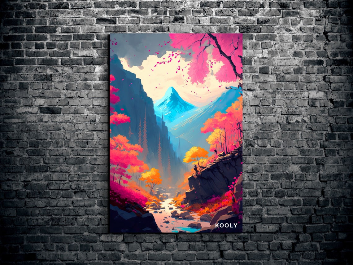 Pink Blossom Mountain Valley Stream Anime Style Landscape Poster