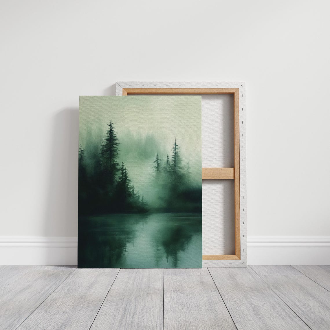 Misty Evergreen Forest Lake Foggy Green Tranquil Scene Wall Art - Image 3