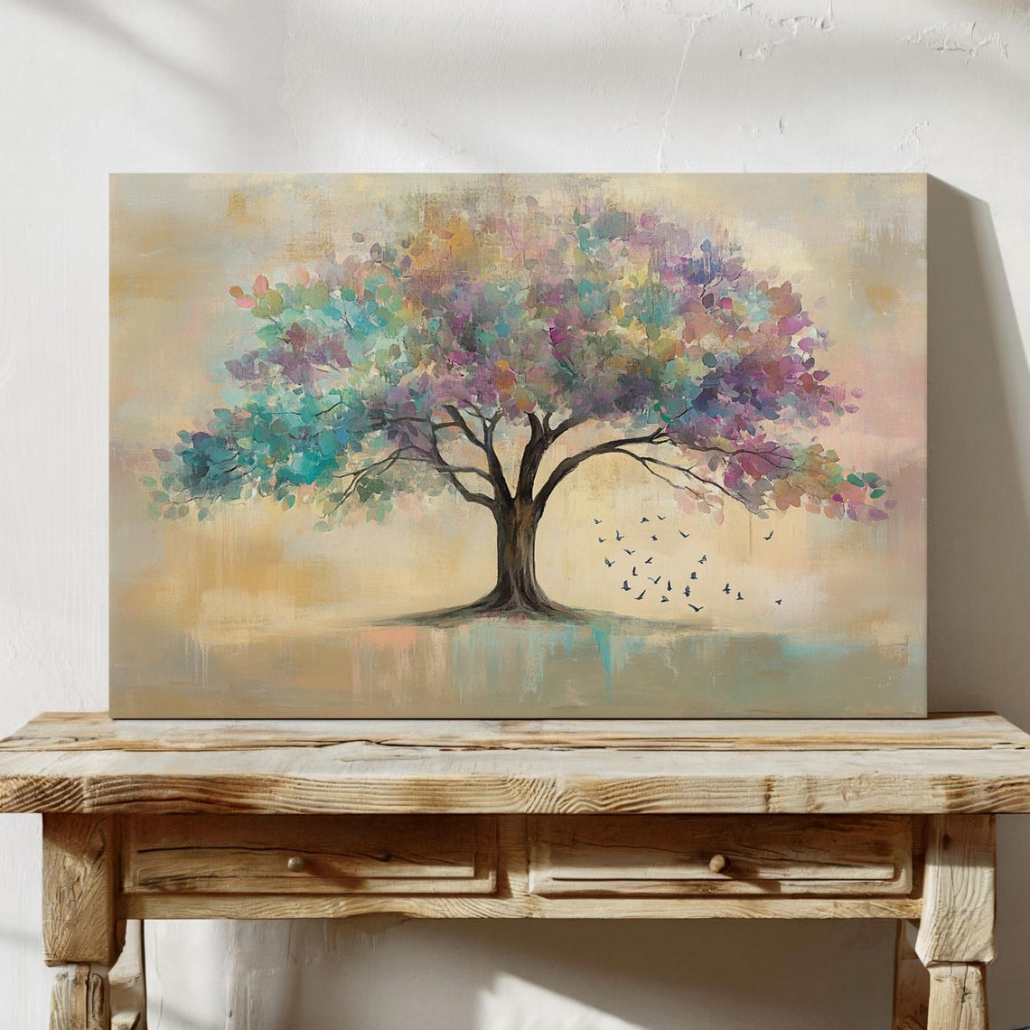 Abstract Pastel Tree With Colorful Leaves And Flying Birds Poster - Image 3