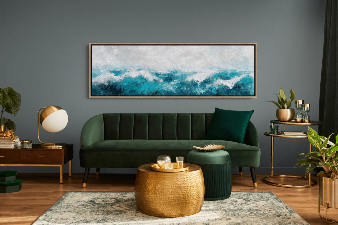 Abstract Teal Ocean Waves Textured Coastal Seascape Horizon Poster - Image 4