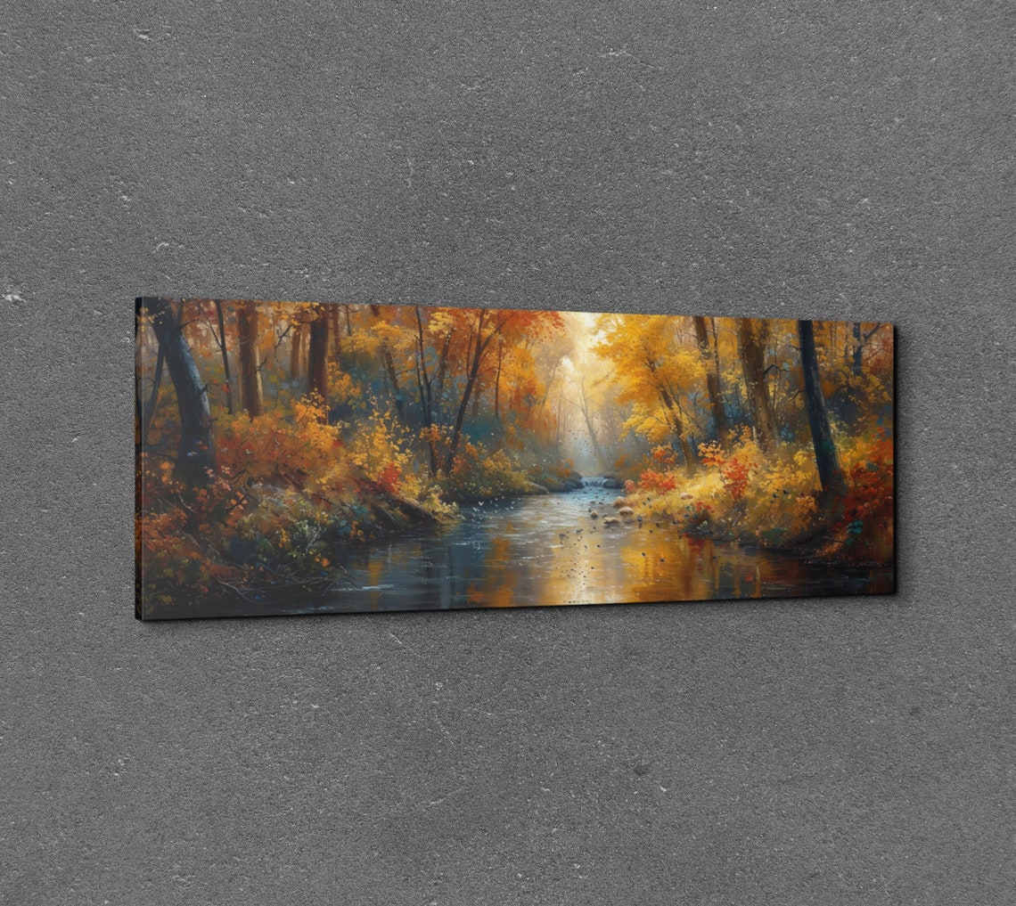 Panoramic Autumn Forest Stream Golden Light Fall Painting Poster - Image 7