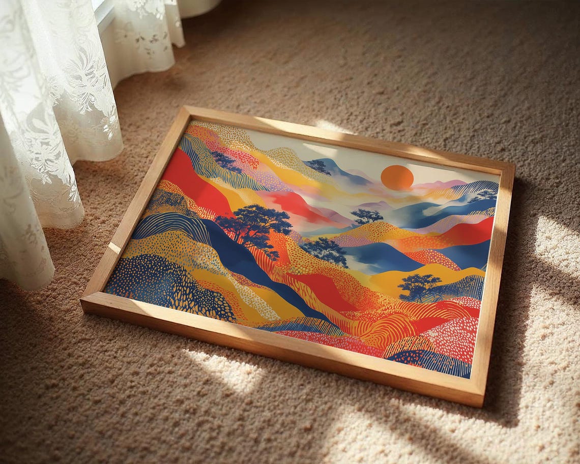 Radiant Colorful Valleys Beneath Rising Sun Abstract Art Poster