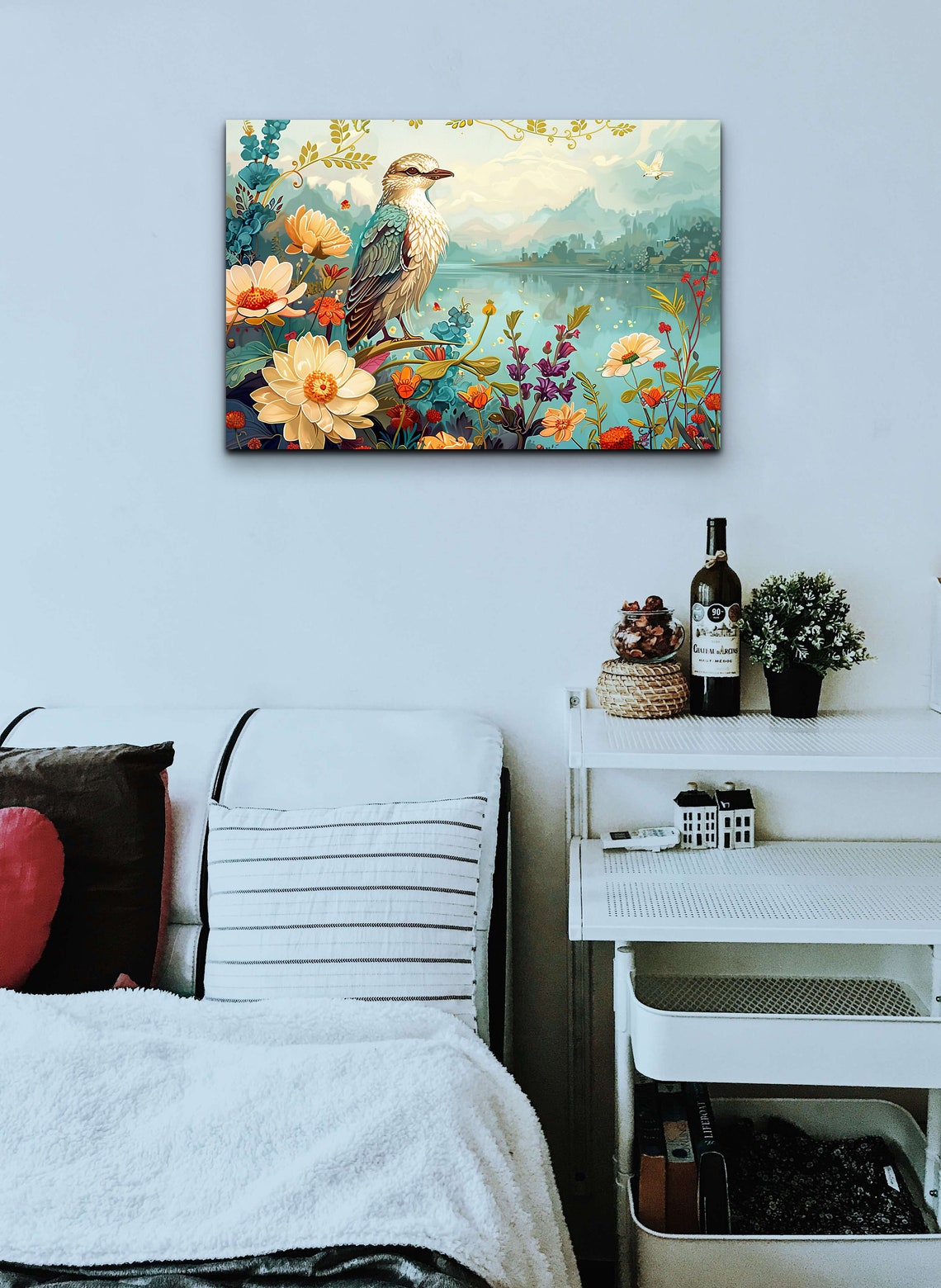 Songbird Perched Over Lakeside Wildflowers Botanical Bird Poster - Image 5