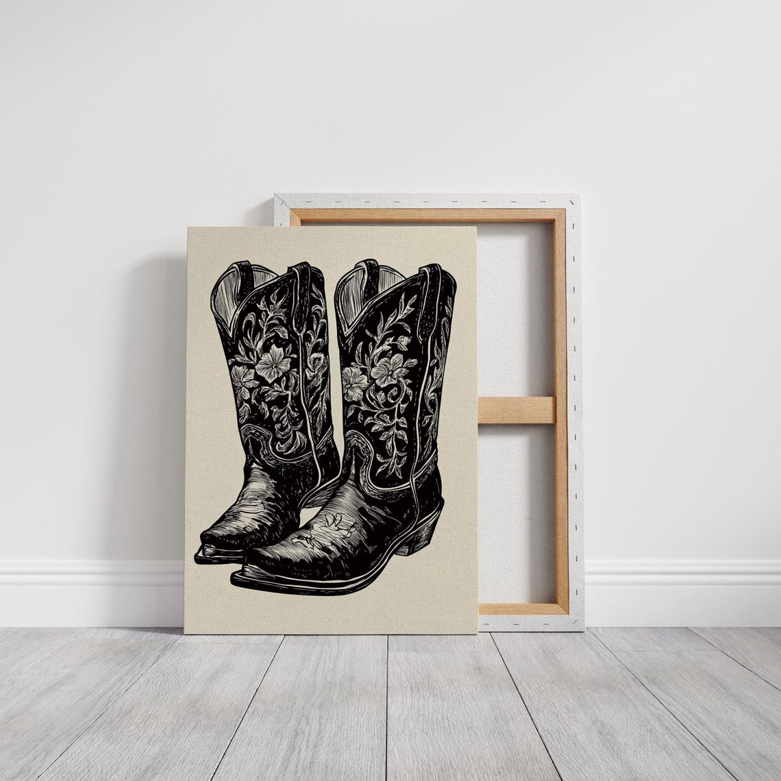 Black Cowboy Boots with White Floral Embroidery Ink Drawing Poster - Image 3