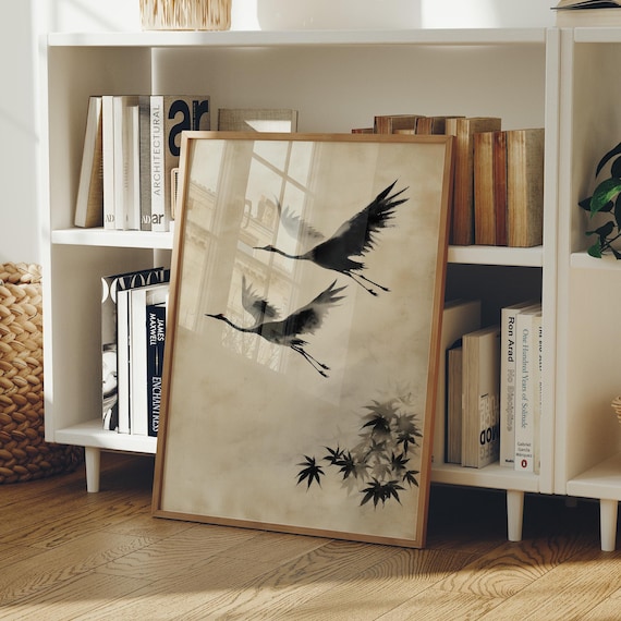Japanese Ink Wash Cranes Flying Graceful Sumi E Style Art Poster