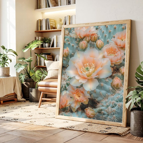Peach Cactus Flower Wall Art Soft Blooming Desert Succulent Canvas With Teal And Coral Tones For Southwest Decor