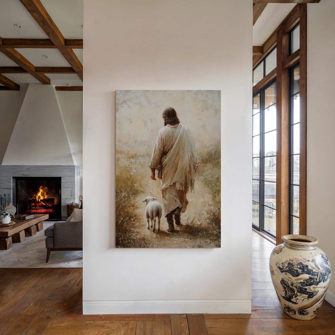 Jesus Walking Down a Country Path With a Lamb Following Behind Poster - Image 4