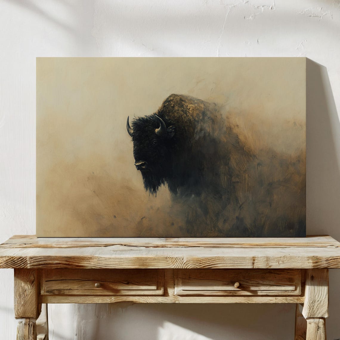 Misty Bison Emerging From Fog Dark Buffalo Painting Wall Poster - Image 4
