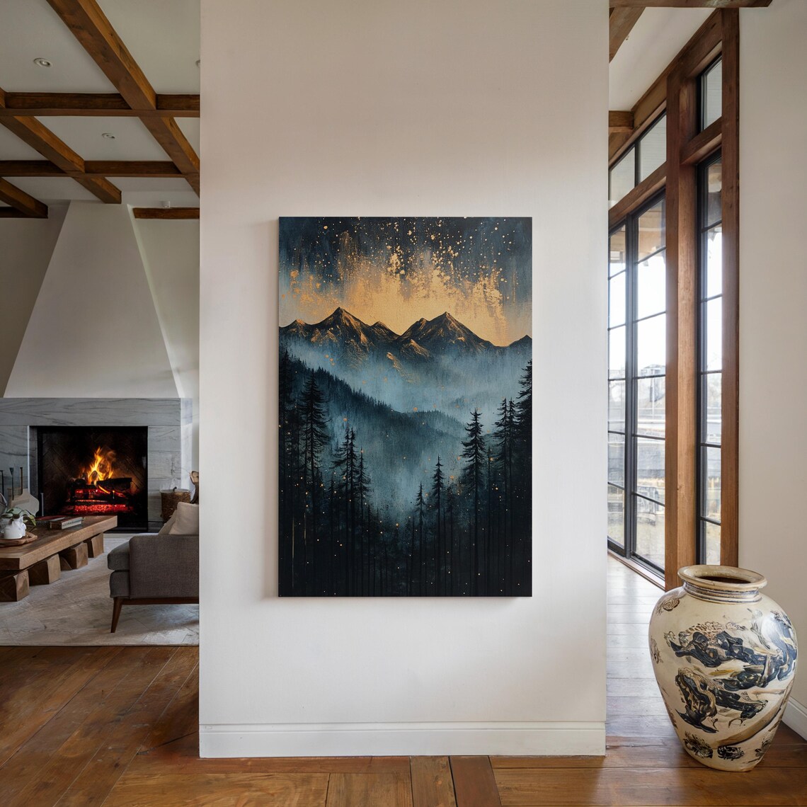 Golden Mountain Glow Misty Forest Landscape, Starry Sky - Image 4