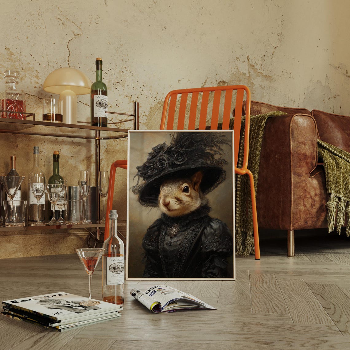 Victorian Squirrel Portrait With Black Rose Hat