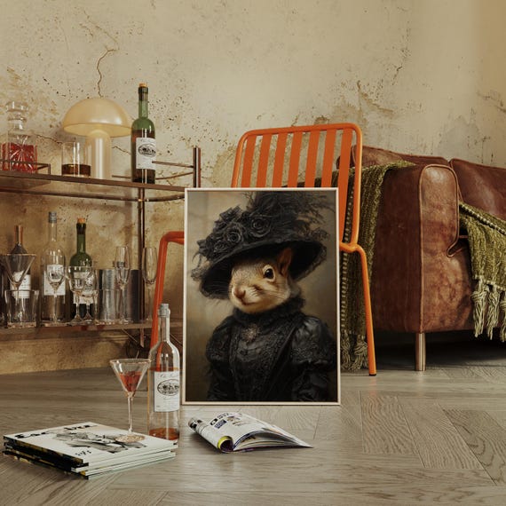 Victorian Squirrel Portrait With Black Rose Hat