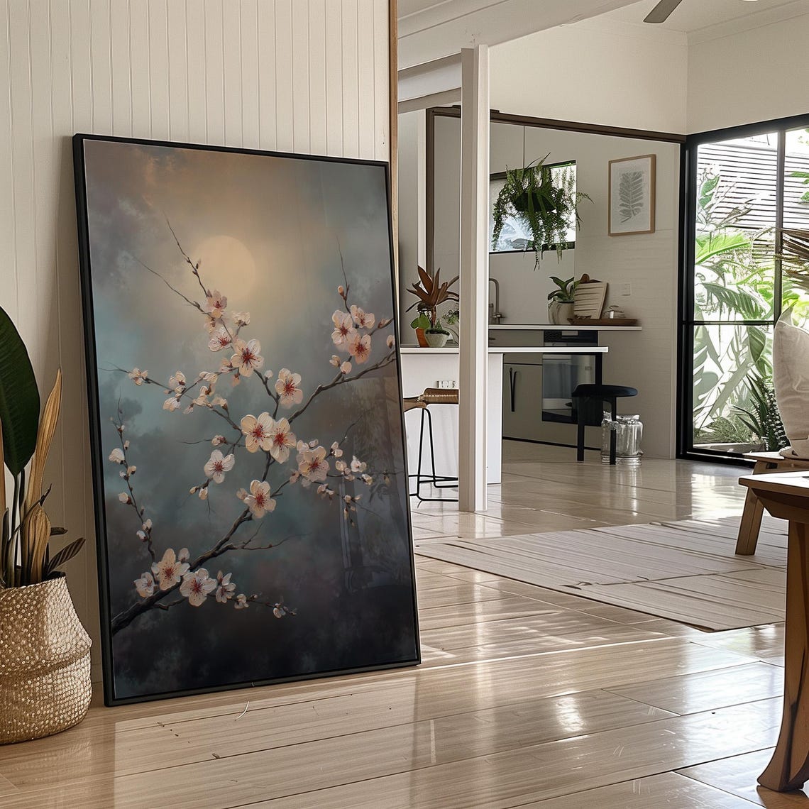 Moonlit Cherry Blossom Branch Soft Painterly Floral Night Sky Poster