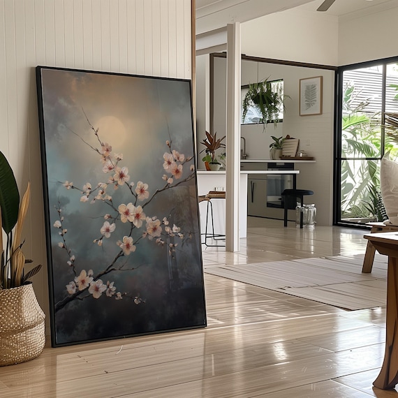 Moonlit Cherry Blossom Branch Soft Painterly Floral Night Sky Poster