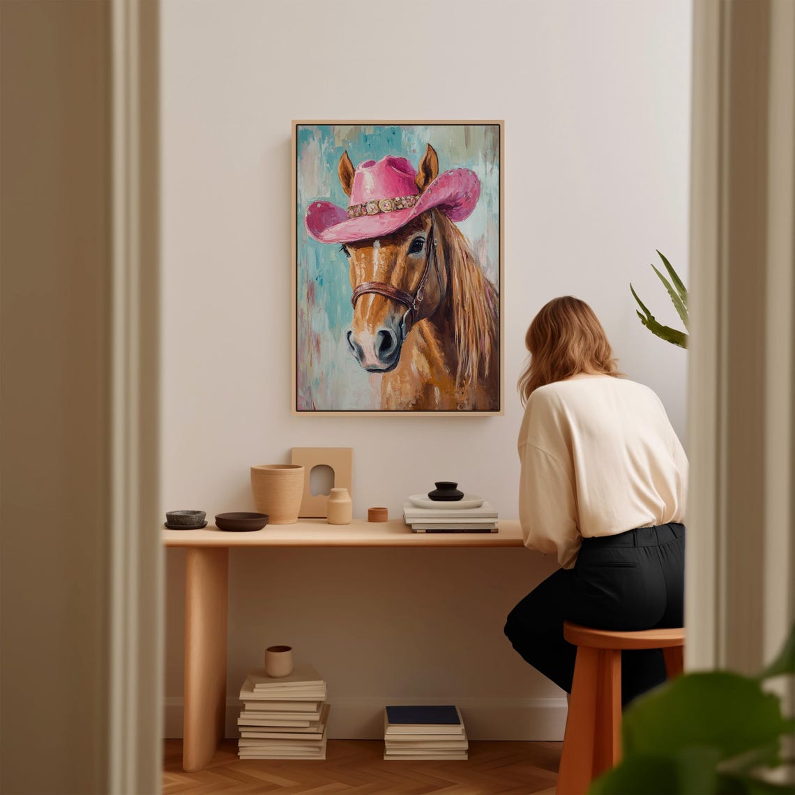 Chestnut Horse in Pink Cowboy Hat Rustic Western Painting Poster - Image 3