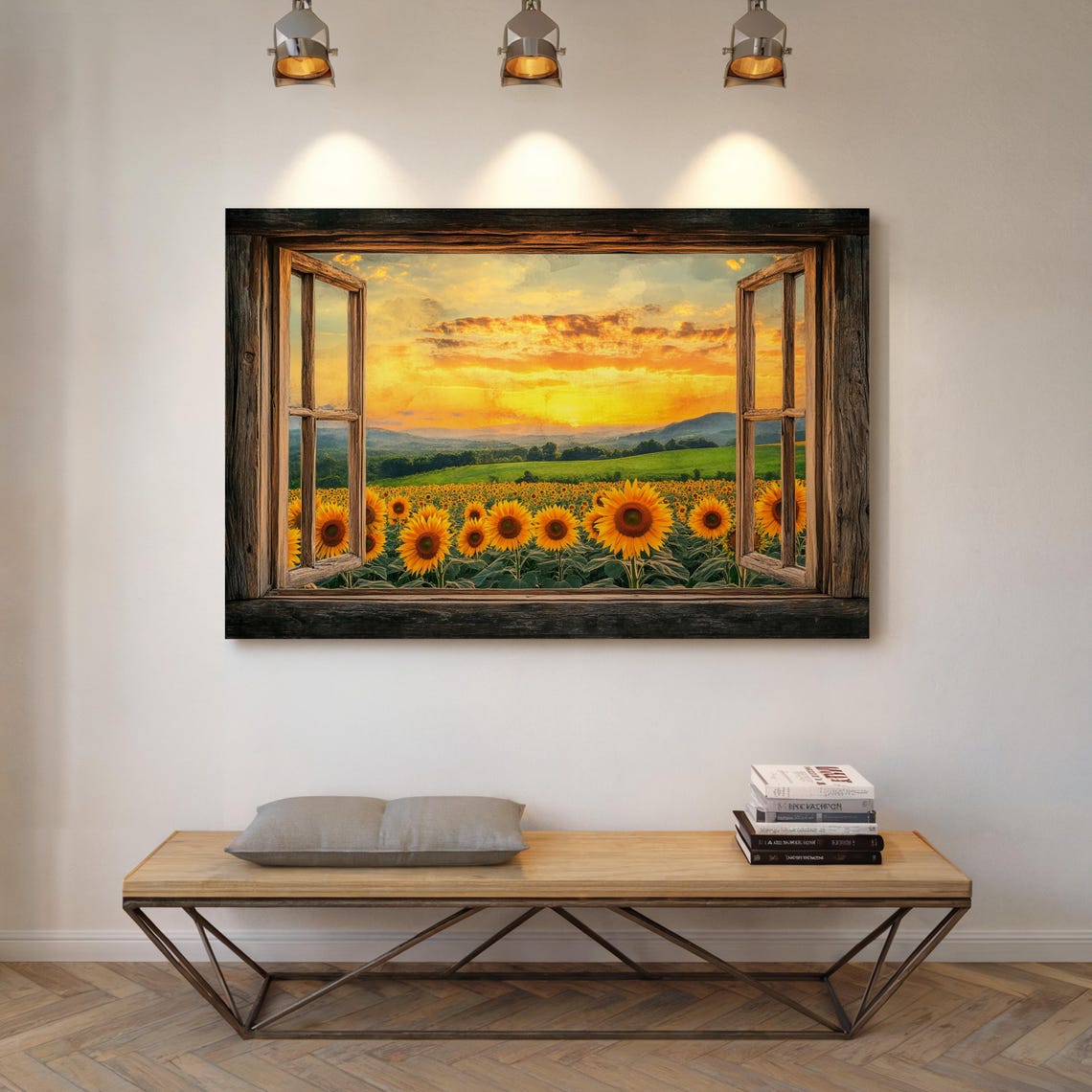 Rustic Window View Sunflower Field Golden Sunset Countryside Poster - Image 3