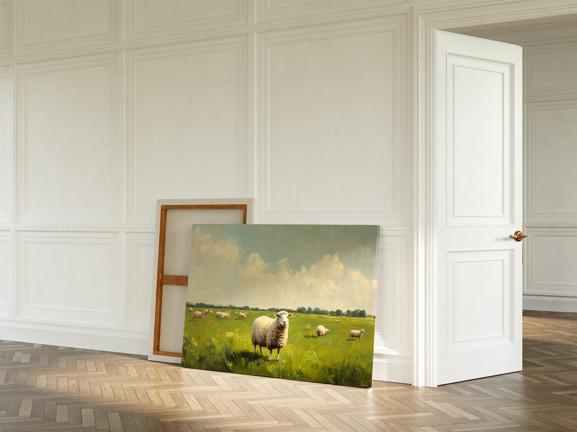 Sheep Grazing in Green Pasture Vintage Farmhouse Painting Poster - Image 3