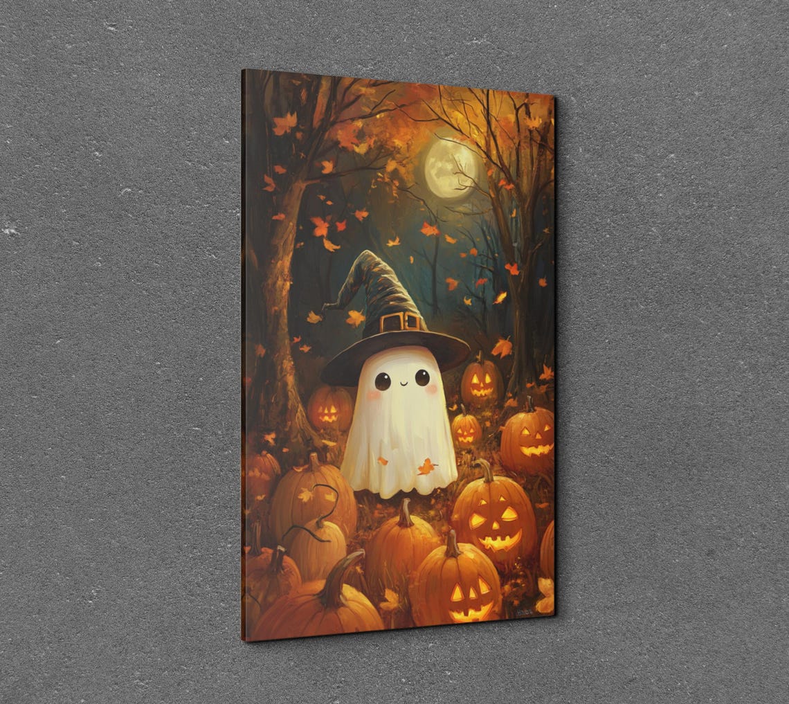 Cute Ghost In Witch Hat Moonlit Pumpkin Patch Halloween Poster - Image 7