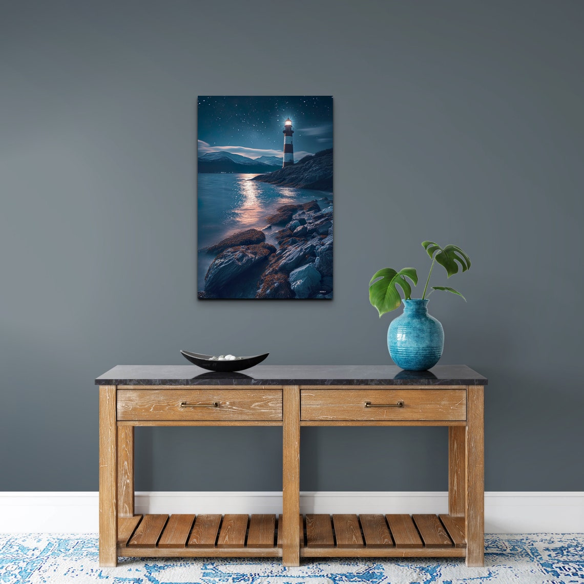 Lighthouse At Night Starry Sky Rocky Coast Ocean Beacon Wall Art - Image 6