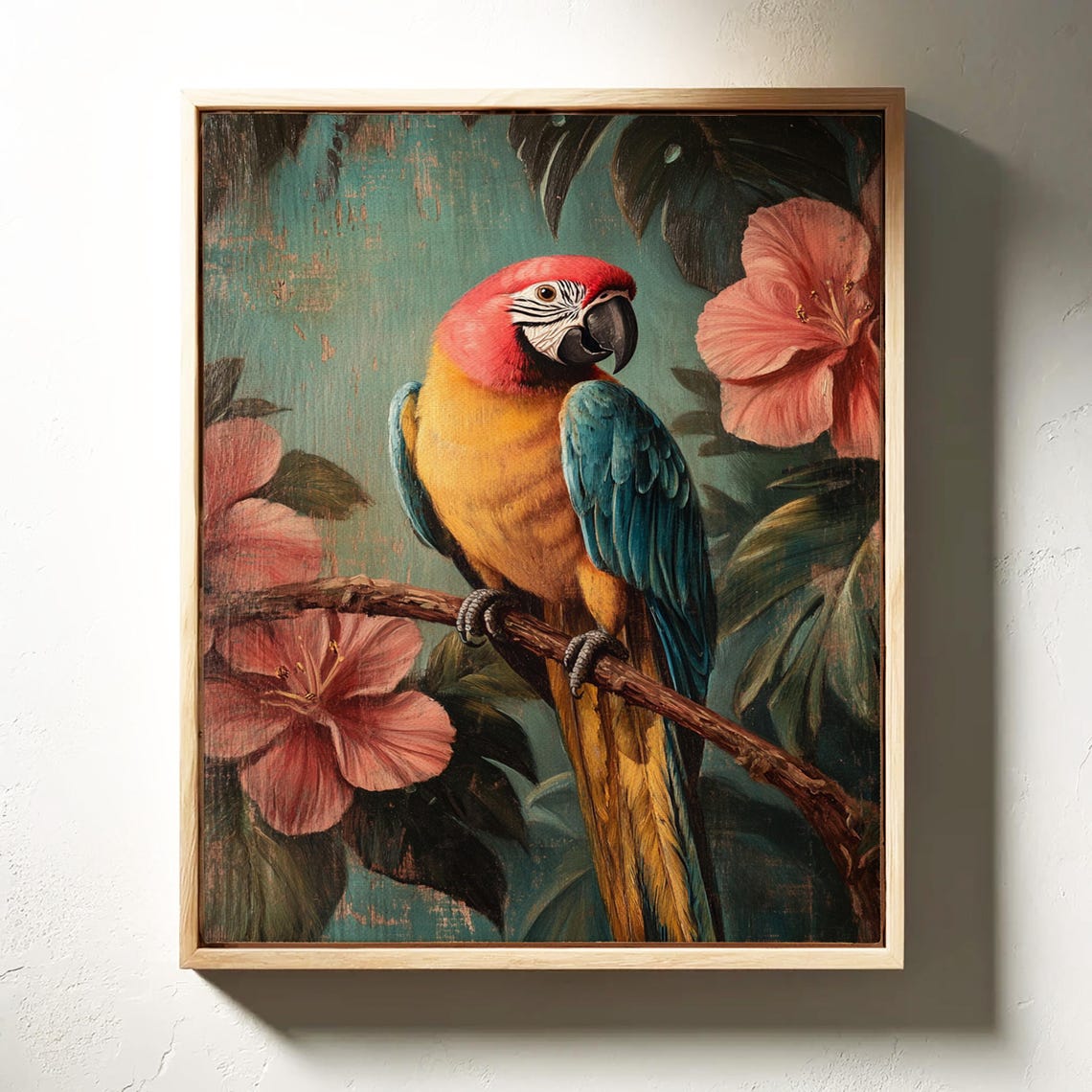 Scarlet Macaw Perched on a Branch With Pink Hibiscus Blooms Poster - Image 6
