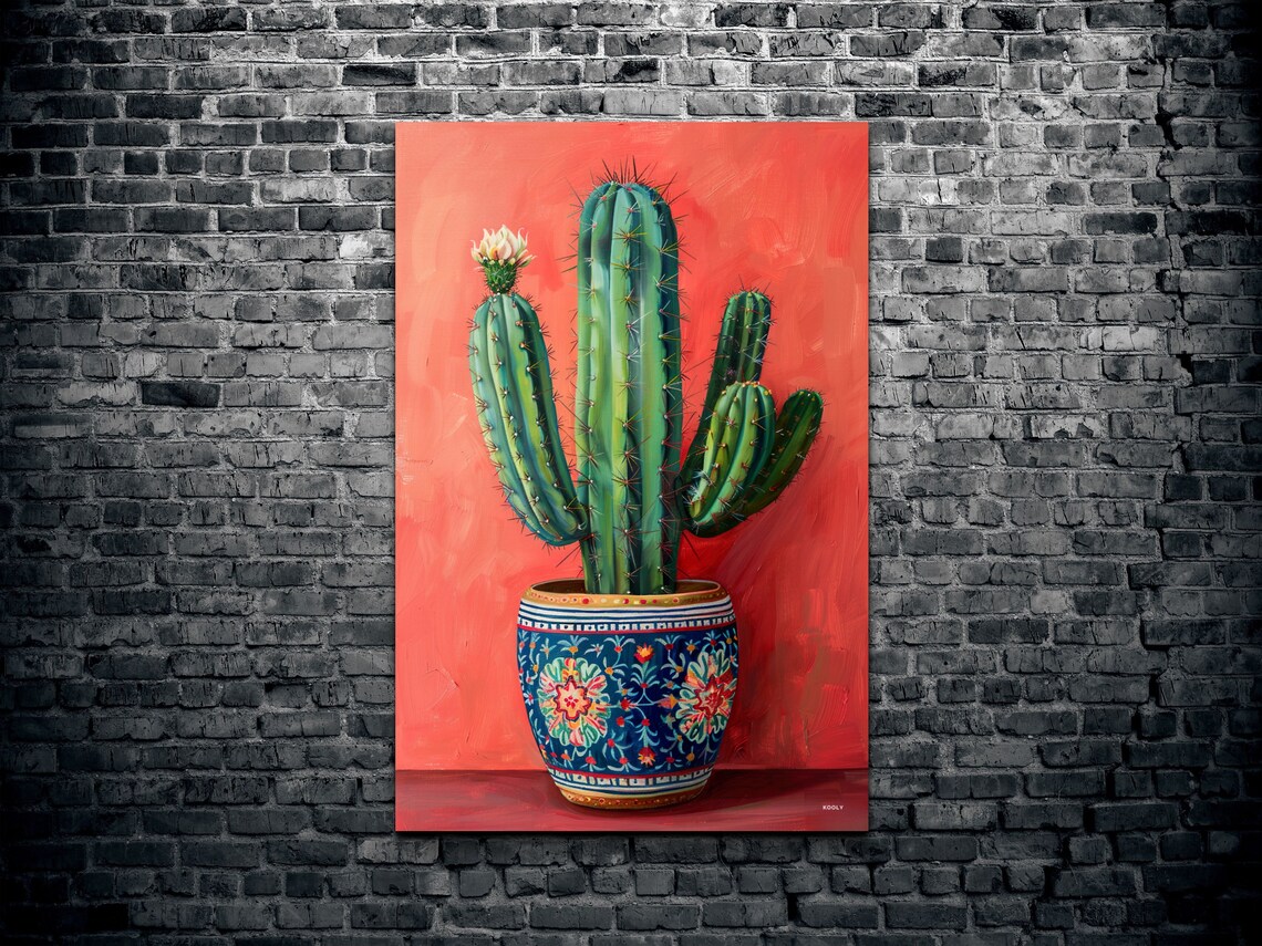 Potted Cactus Oil Painting Decorative Pot Coral Background Wall Art - Image 2