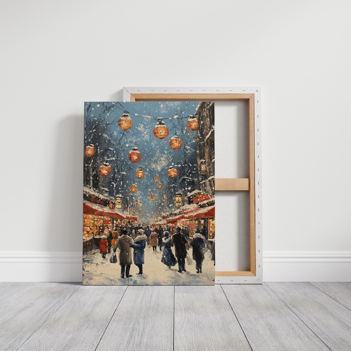 Snowy Christmas Market Street Festive Winter Night Lanterns Poster - Image 3