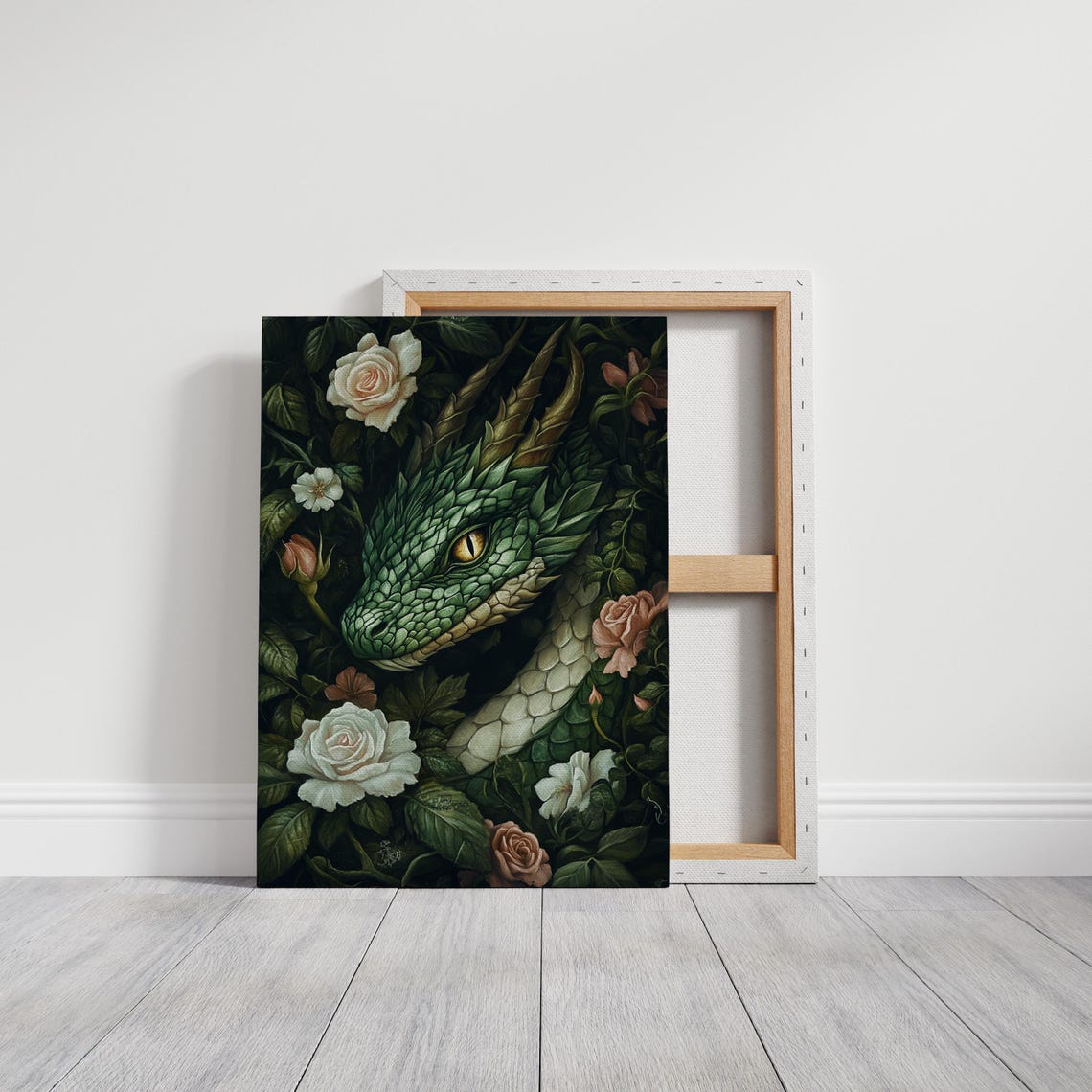 Emerald Dragon Head Roses Golden Eye Dark Botanical Fantasy Wall Art - Image 3
