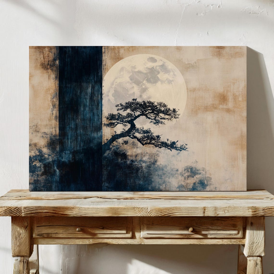 Japanese Zen Pine Tree Full Moon Navy Beige Minimalist Poster - Image 2