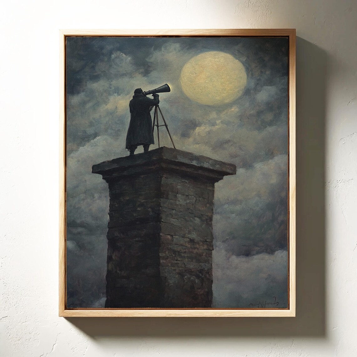 Man Observing Full Moon, Dramatic Night Sky Art Print