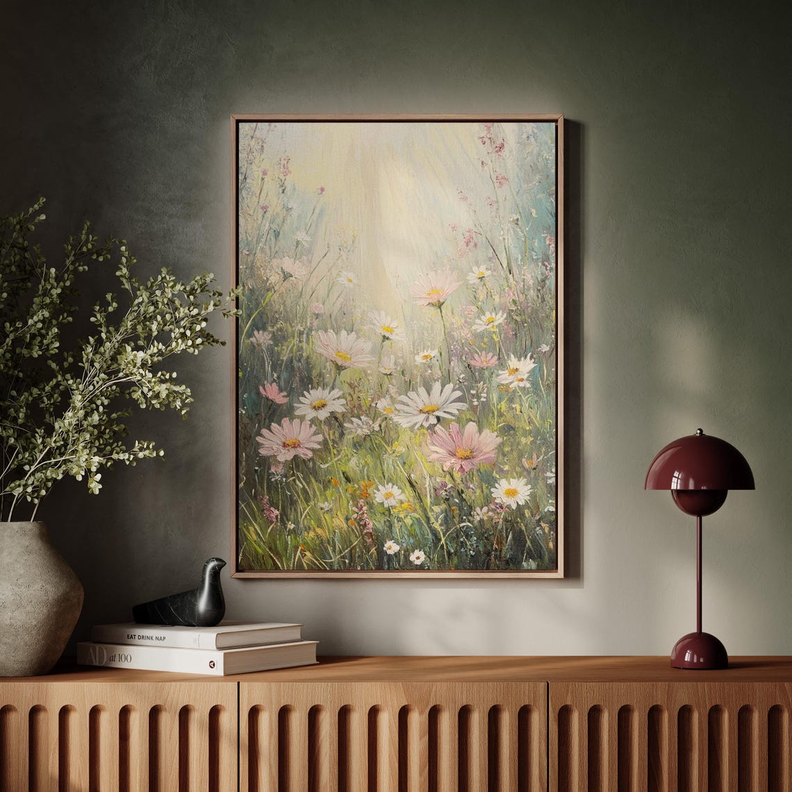 Serene Wildflower Meadow Pastel Daisy Floral Landscape Poster