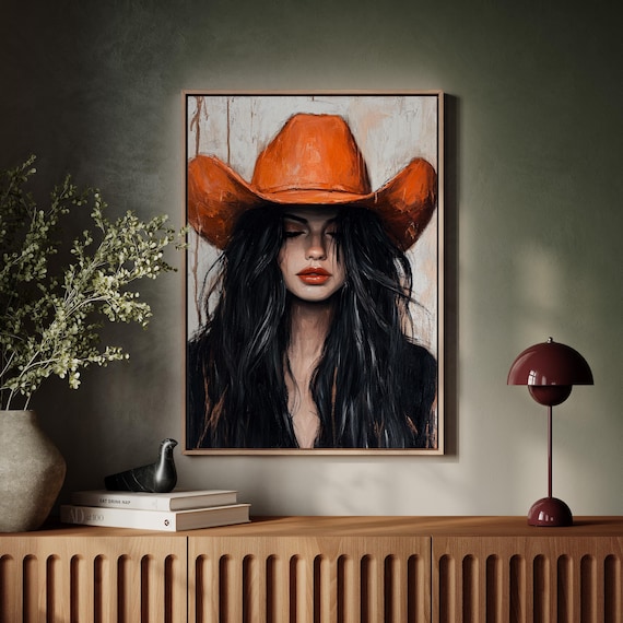 Burnt Orange Cowboy Hat Woman Bold Red Lips Western Art Poster