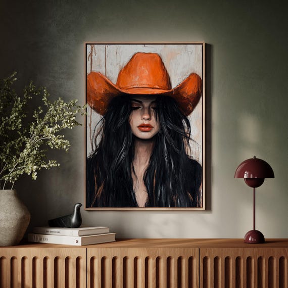 Western Cowgirl Wall Art Darkhaired Woman In Red Hat Rustic Oil Painting Style Country Canvas For Farmhouse Decor