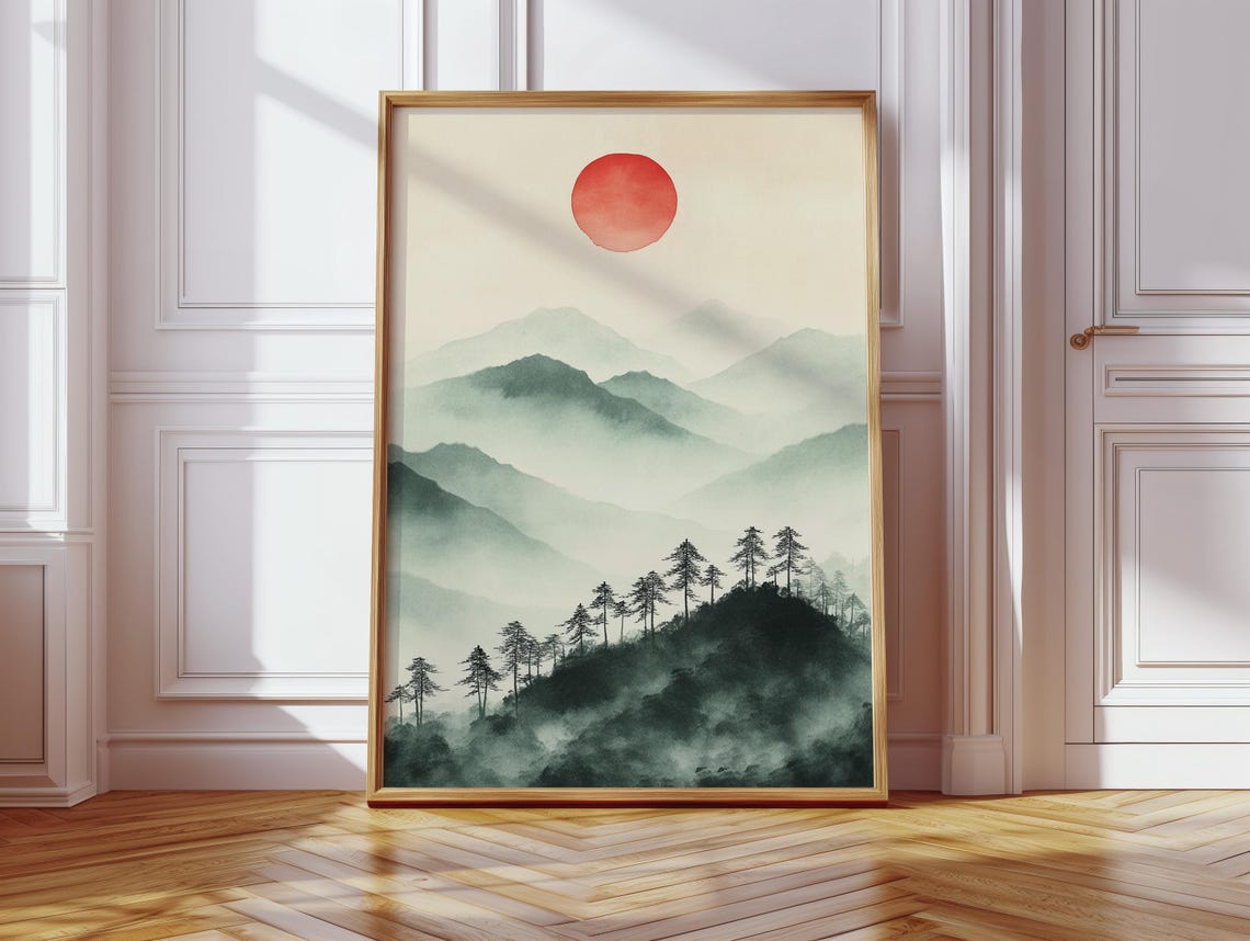 Misty Green Mountain Ink Wash With Red Sun Japanese Zen Poster - Image 4